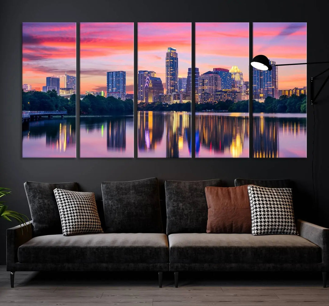 The "Austin City Lights Sunset Pink Skyline Cityscape View" wall art canvas print, hand-assembled with museum-quality materials, adds an elevated touch to the living room.