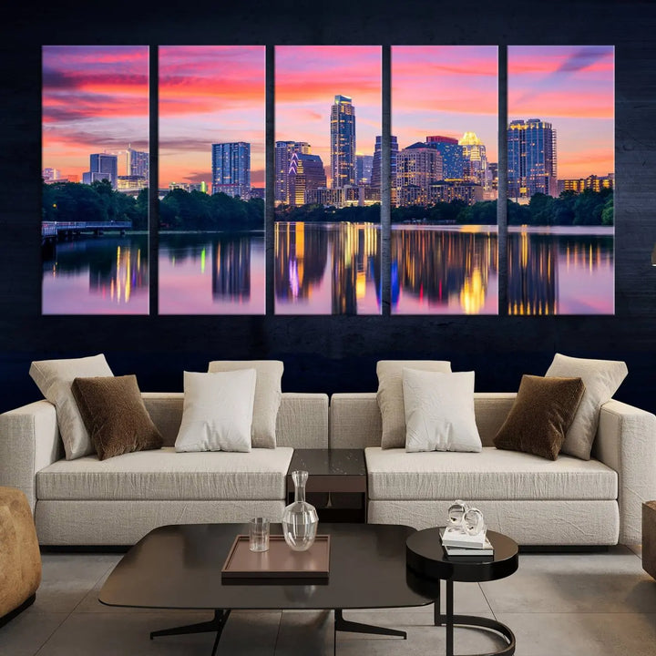 The "Austin City Lights Sunset Pink Skyline Cityscape View" wall art canvas print, hand-assembled with museum-quality materials, adds an elevated touch to the living room.