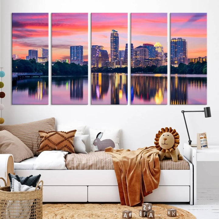 The "Austin City Lights Sunset Pink Skyline Cityscape View" wall art canvas print, hand-assembled with museum-quality materials, adds an elevated touch to the living room.