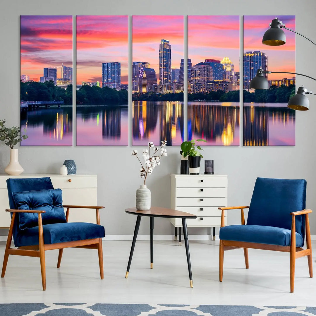 The "Austin City Lights Sunset Pink Skyline Cityscape View" wall art canvas print, hand-assembled with museum-quality materials, adds an elevated touch to the living room.