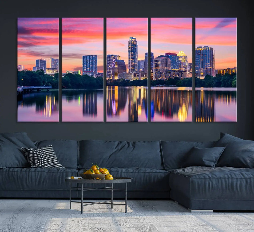 The "Austin City Lights Sunset Pink Skyline Cityscape View" wall art canvas print, hand-assembled with museum-quality materials, adds an elevated touch to the living room.