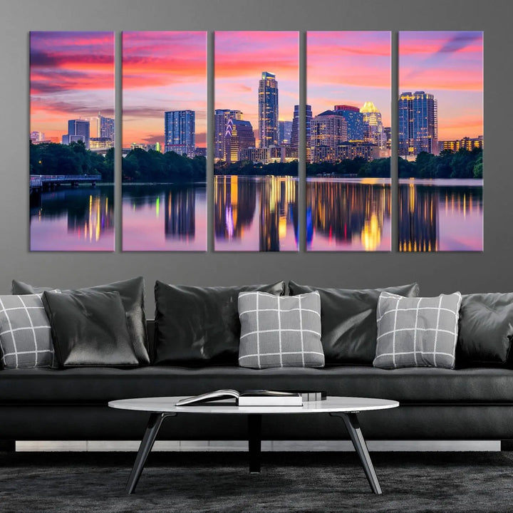 The "Austin City Lights Sunset Pink Skyline Cityscape View" wall art canvas print, hand-assembled with museum-quality materials, adds an elevated touch to the living room.