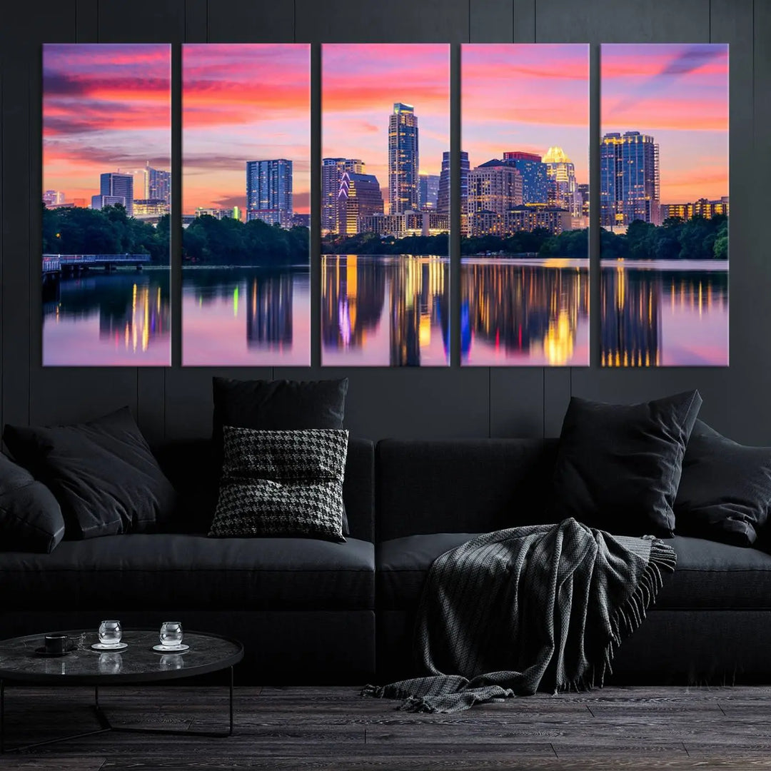 The "Austin City Lights Sunset Pink Skyline Cityscape View" wall art canvas print, hand-assembled with museum-quality materials, adds an elevated touch to the living room.