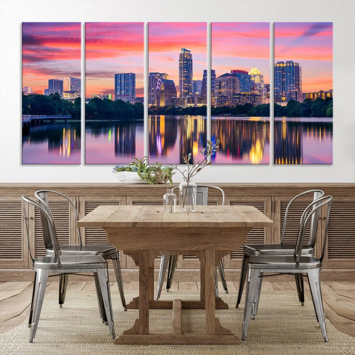 The "Austin City Lights Sunset Pink Skyline Cityscape View" wall art canvas print, hand-assembled with museum-quality materials, adds an elevated touch to the living room.