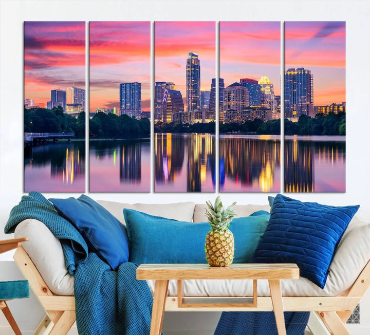 The "Austin City Lights Sunset Pink Skyline Cityscape View" wall art canvas print, hand-assembled with museum-quality materials, adds an elevated touch to the living room.