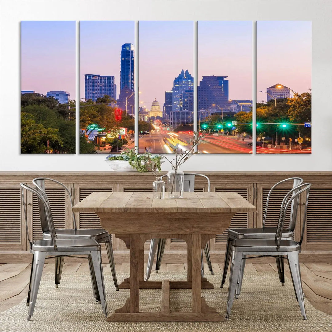 The Austin City Lights Sunset Purple Skyline Cityscape View Wall Art Canvas Print captures a breathtaking cityscape during sunset. This museum-quality, ready-to-hang multi-panel wall art includes a UV-protective coating to ensure longevity and vibrancy.