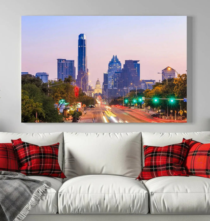 The Austin City Lights Sunset Purple Skyline Cityscape View Wall Art Canvas Print captures a breathtaking cityscape during sunset. This museum-quality, ready-to-hang multi-panel wall art includes a UV-protective coating to ensure longevity and vibrancy.