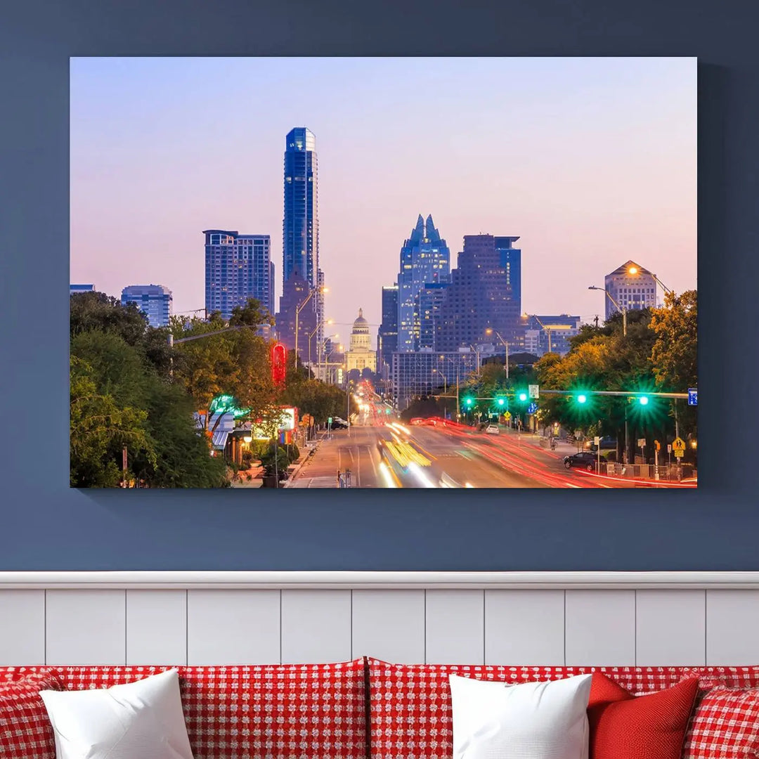 The Austin City Lights Sunset Purple Skyline Cityscape View Wall Art Canvas Print captures a breathtaking cityscape during sunset. This museum-quality, ready-to-hang multi-panel wall art includes a UV-protective coating to ensure longevity and vibrancy.