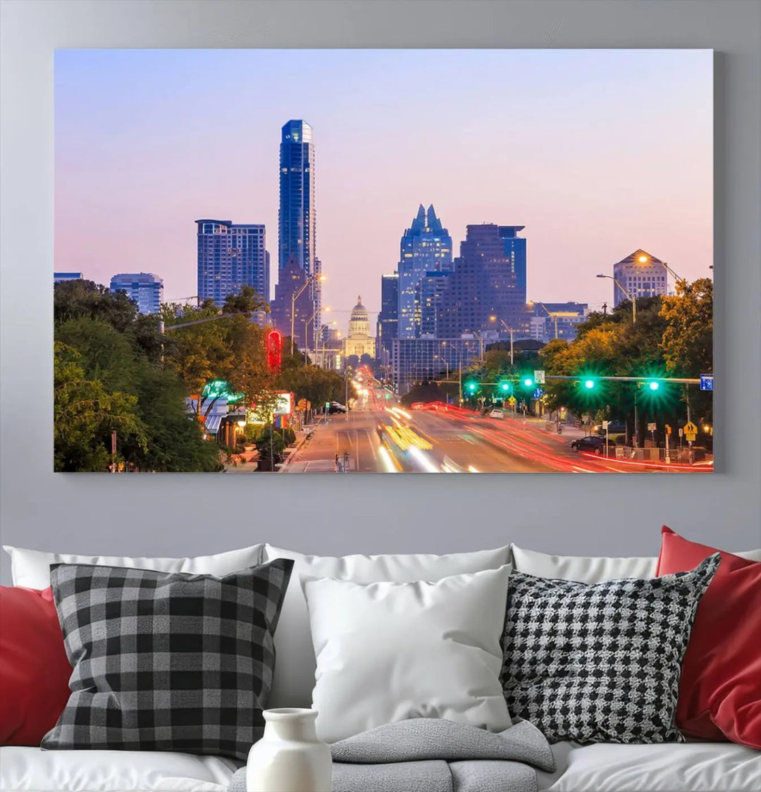 The Austin City Lights Sunset Purple Skyline Cityscape View Wall Art Canvas Print captures a breathtaking cityscape during sunset. This museum-quality, ready-to-hang multi-panel wall art includes a UV-protective coating to ensure longevity and vibrancy.