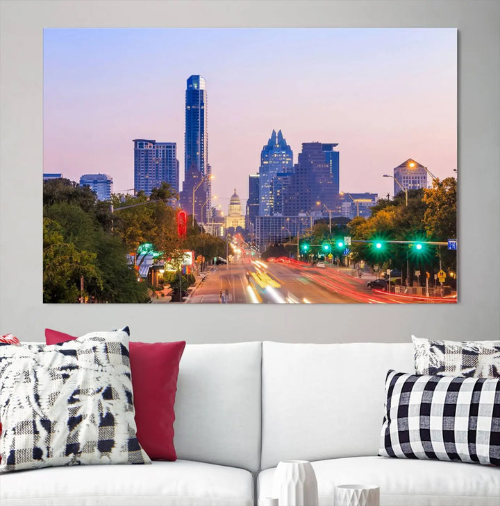 The Austin City Lights Sunset Purple Skyline Cityscape View Wall Art Canvas Print captures a breathtaking cityscape during sunset. This museum-quality, ready-to-hang multi-panel wall art includes a UV-protective coating to ensure longevity and vibrancy.