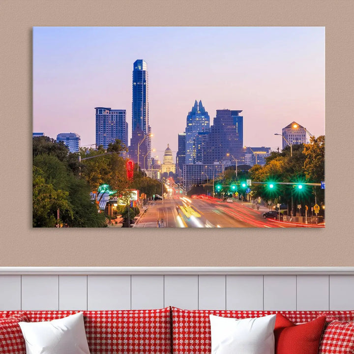 The Austin City Lights Sunset Purple Skyline Cityscape View Wall Art Canvas Print captures a breathtaking cityscape during sunset. This museum-quality, ready-to-hang multi-panel wall art includes a UV-protective coating to ensure longevity and vibrancy.