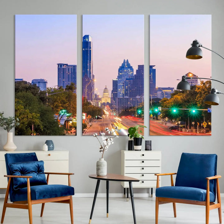 The Austin City Lights Sunset Purple Skyline Cityscape View Wall Art Canvas Print captures a breathtaking cityscape during sunset. This museum-quality, ready-to-hang multi-panel wall art includes a UV-protective coating to ensure longevity and vibrancy.