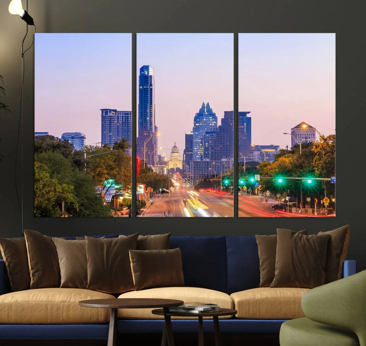 The Austin City Lights Sunset Purple Skyline Cityscape View Wall Art Canvas Print captures a breathtaking cityscape during sunset. This museum-quality, ready-to-hang multi-panel wall art includes a UV-protective coating to ensure longevity and vibrancy.