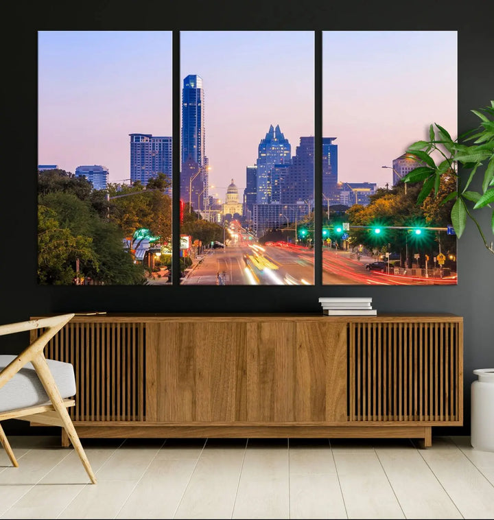 The Austin City Lights Sunset Purple Skyline Cityscape View Wall Art Canvas Print captures a breathtaking cityscape during sunset. This museum-quality, ready-to-hang multi-panel wall art includes a UV-protective coating to ensure longevity and vibrancy.