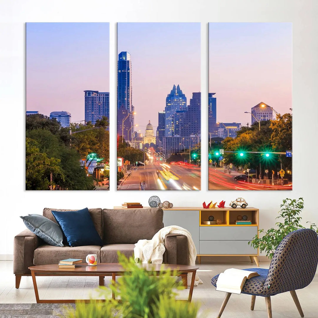 The Austin City Lights Sunset Purple Skyline Cityscape View Wall Art Canvas Print captures a breathtaking cityscape during sunset. This museum-quality, ready-to-hang multi-panel wall art includes a UV-protective coating to ensure longevity and vibrancy.