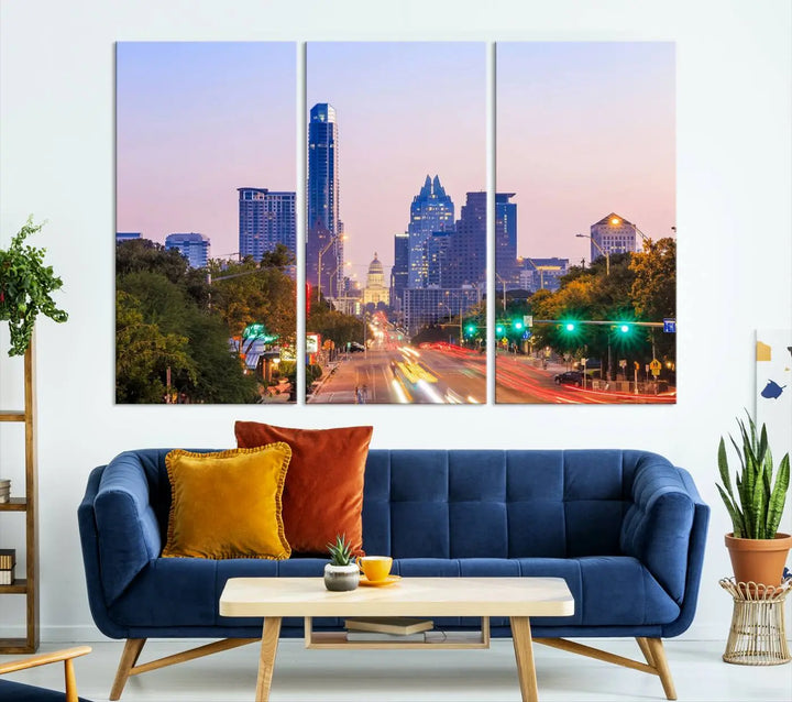 The Austin City Lights Sunset Purple Skyline Cityscape View Wall Art Canvas Print captures a breathtaking cityscape during sunset. This museum-quality, ready-to-hang multi-panel wall art includes a UV-protective coating to ensure longevity and vibrancy.