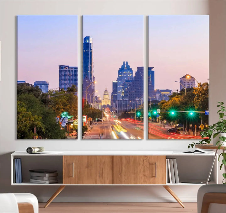 The Austin City Lights Sunset Purple Skyline Cityscape View Wall Art Canvas Print captures a breathtaking cityscape during sunset. This museum-quality, ready-to-hang multi-panel wall art includes a UV-protective coating to ensure longevity and vibrancy.