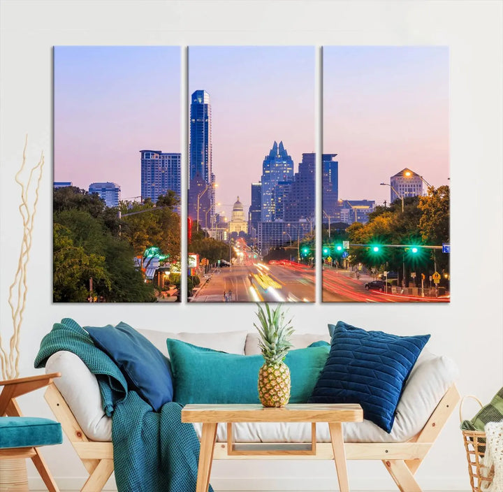 The Austin City Lights Sunset Purple Skyline Cityscape View Wall Art Canvas Print captures a breathtaking cityscape during sunset. This museum-quality, ready-to-hang multi-panel wall art includes a UV-protective coating to ensure longevity and vibrancy.