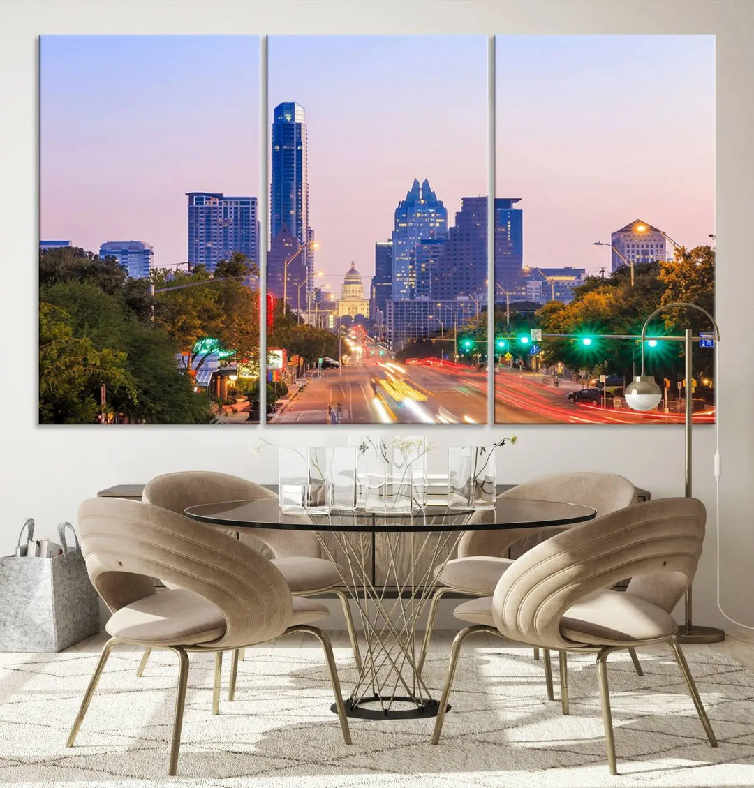 The Austin City Lights Sunset Purple Skyline Cityscape View Wall Art Canvas Print captures a breathtaking cityscape during sunset. This museum-quality, ready-to-hang multi-panel wall art includes a UV-protective coating to ensure longevity and vibrancy.