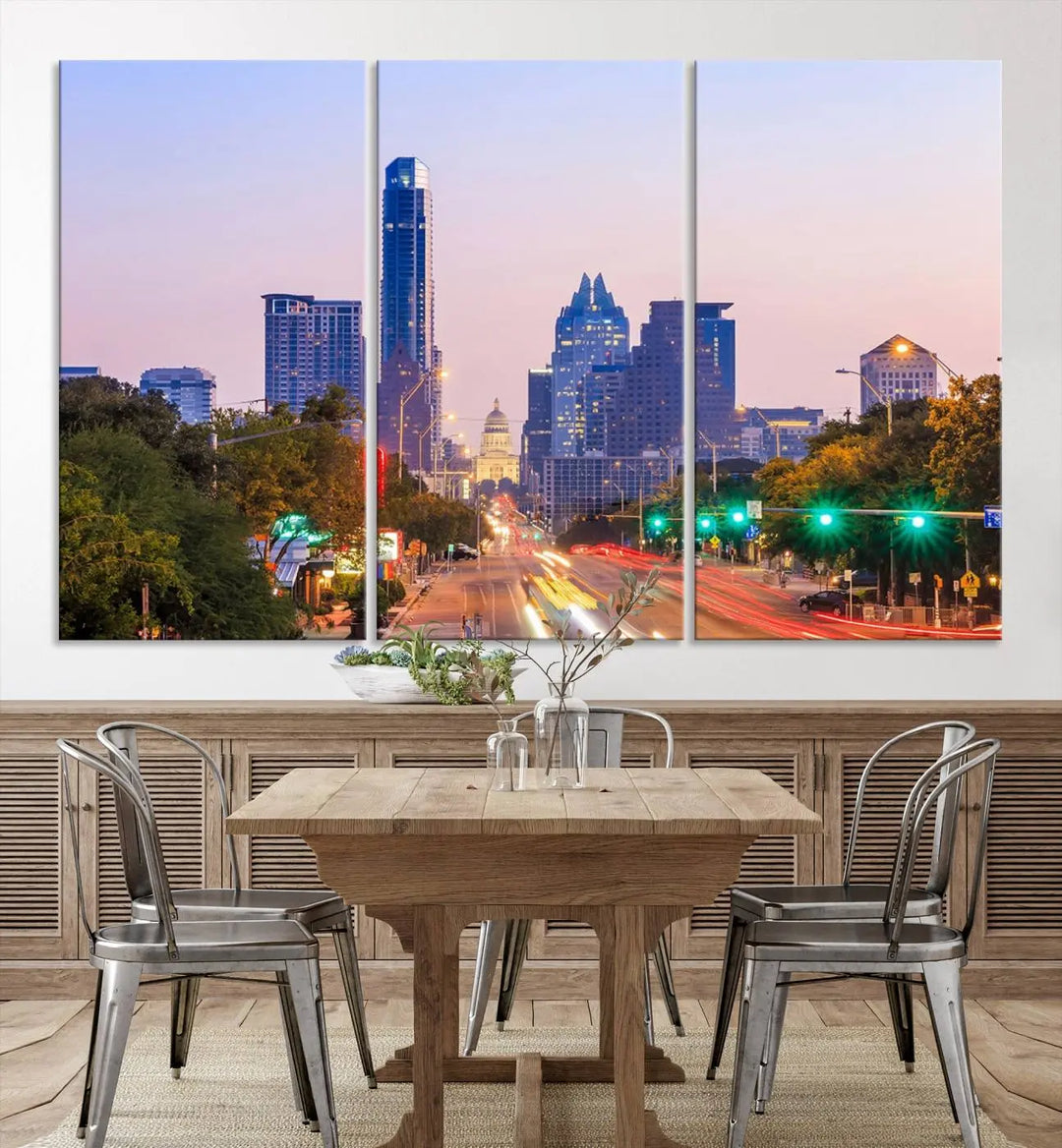 The Austin City Lights Sunset Purple Skyline Cityscape View Wall Art Canvas Print captures a breathtaking cityscape during sunset. This museum-quality, ready-to-hang multi-panel wall art includes a UV-protective coating to ensure longevity and vibrancy.