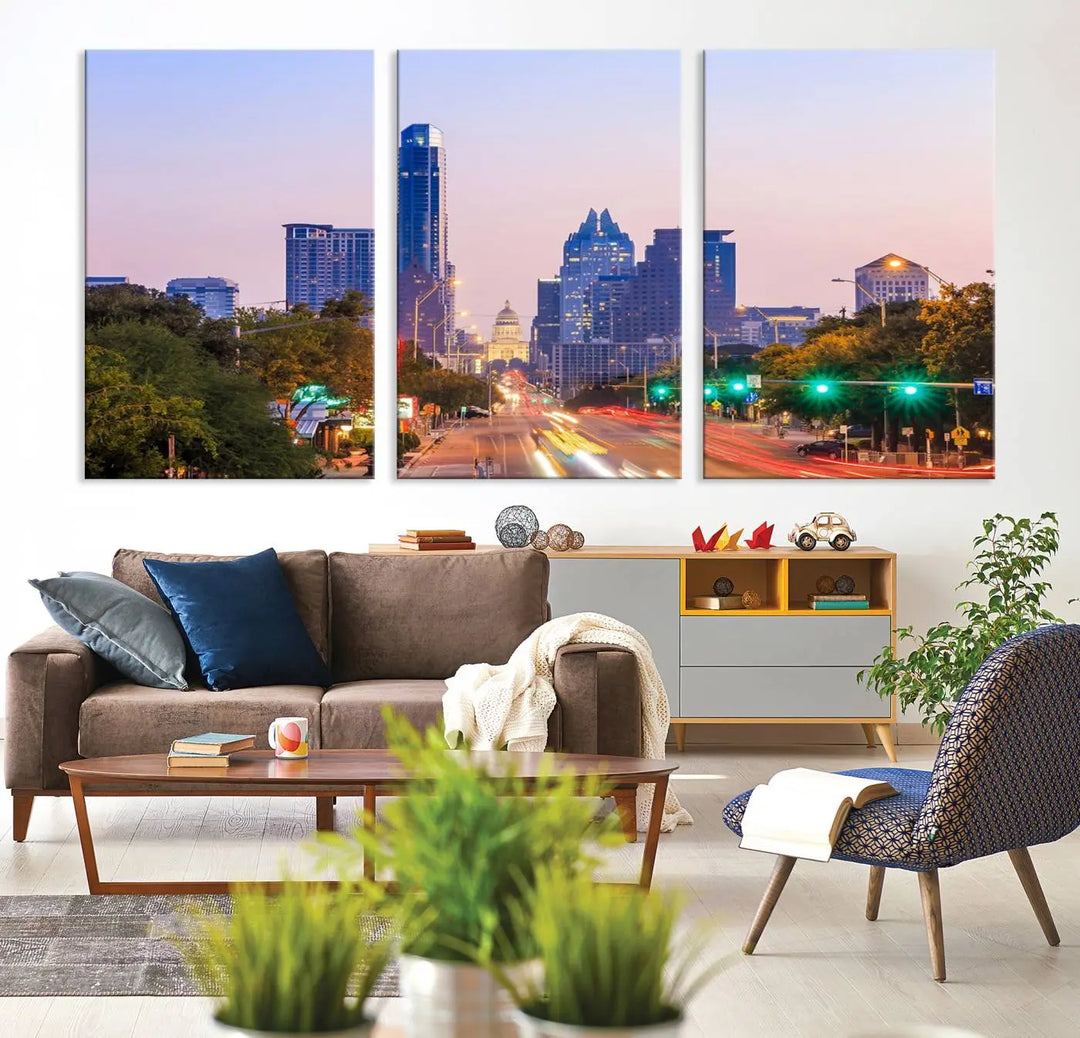 The Austin City Lights Sunset Purple Skyline Cityscape View Wall Art Canvas Print captures a breathtaking cityscape during sunset. This museum-quality, ready-to-hang multi-panel wall art includes a UV-protective coating to ensure longevity and vibrancy.