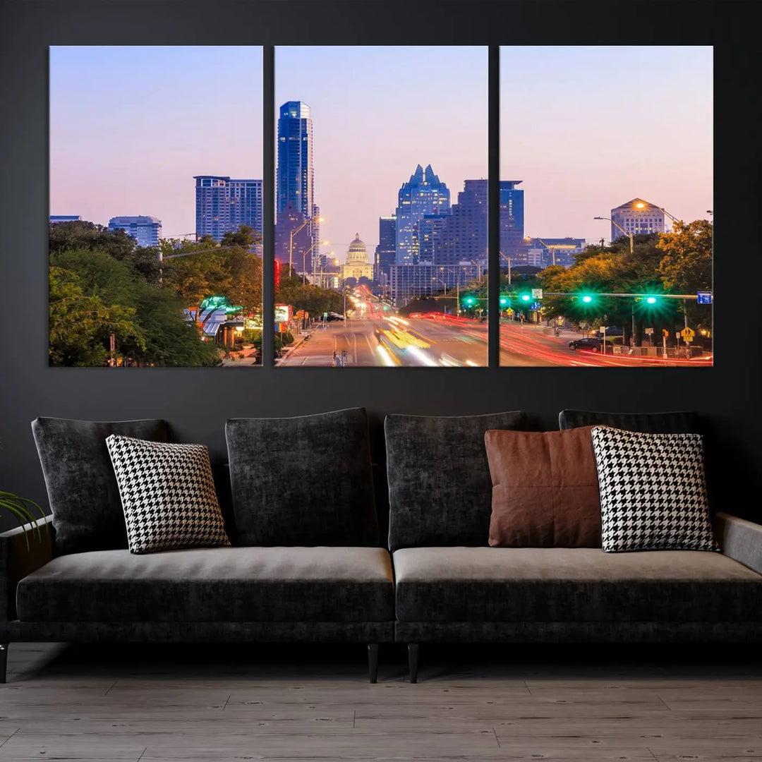 The Austin City Lights Sunset Purple Skyline Cityscape View Wall Art Canvas Print captures a breathtaking cityscape during sunset. This museum-quality, ready-to-hang multi-panel wall art includes a UV-protective coating to ensure longevity and vibrancy.