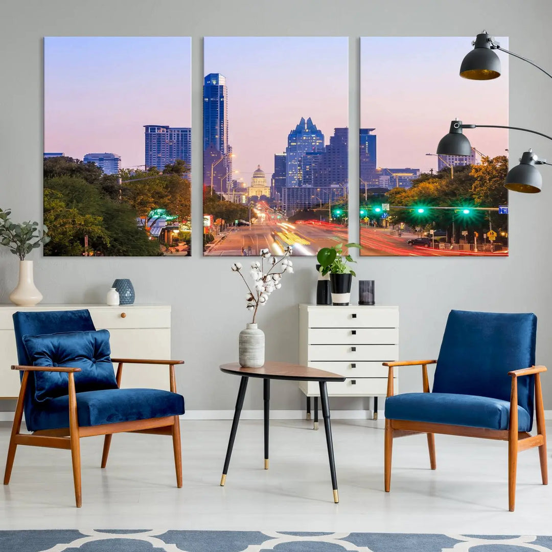 The Austin City Lights Sunset Purple Skyline Cityscape View Wall Art Canvas Print captures a breathtaking cityscape during sunset. This museum-quality, ready-to-hang multi-panel wall art includes a UV-protective coating to ensure longevity and vibrancy.