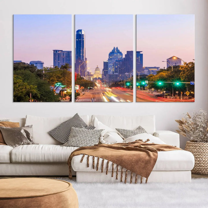 The Austin City Lights Sunset Purple Skyline Cityscape View Wall Art Canvas Print captures a breathtaking cityscape during sunset. This museum-quality, ready-to-hang multi-panel wall art includes a UV-protective coating to ensure longevity and vibrancy.