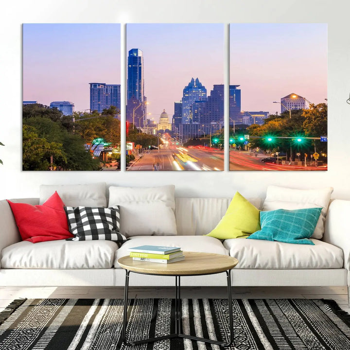 The Austin City Lights Sunset Purple Skyline Cityscape View Wall Art Canvas Print captures a breathtaking cityscape during sunset. This museum-quality, ready-to-hang multi-panel wall art includes a UV-protective coating to ensure longevity and vibrancy.