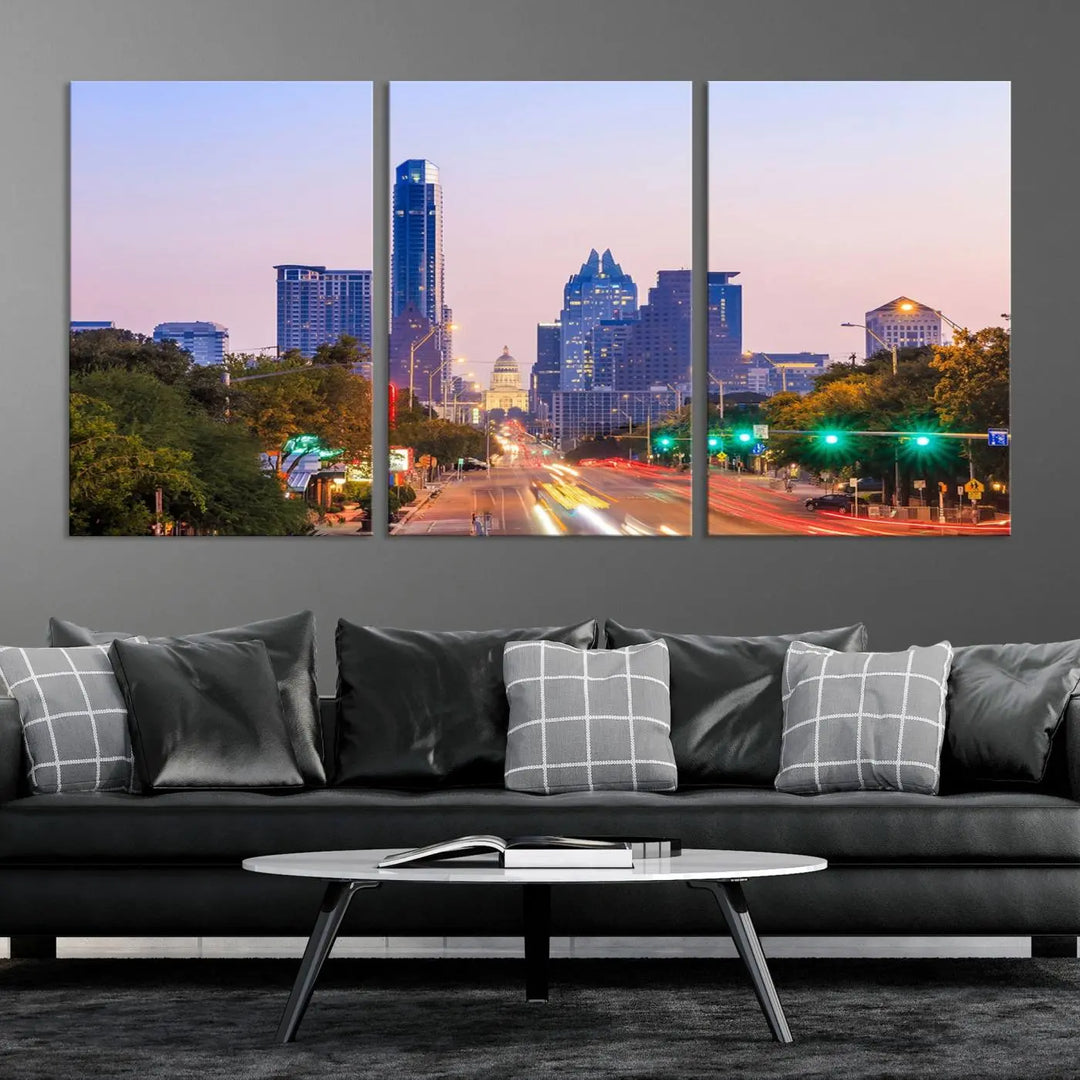 The Austin City Lights Sunset Purple Skyline Cityscape View Wall Art Canvas Print captures a breathtaking cityscape during sunset. This museum-quality, ready-to-hang multi-panel wall art includes a UV-protective coating to ensure longevity and vibrancy.