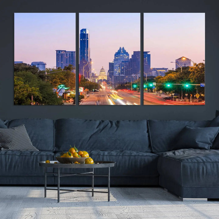 The Austin City Lights Sunset Purple Skyline Cityscape View Wall Art Canvas Print captures a breathtaking cityscape during sunset. This museum-quality, ready-to-hang multi-panel wall art includes a UV-protective coating to ensure longevity and vibrancy.