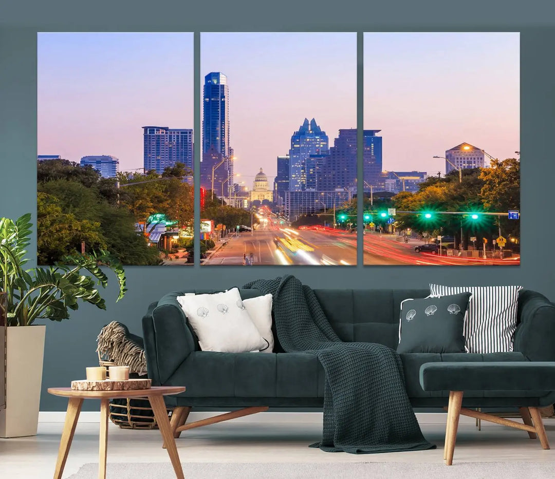 The Austin City Lights Sunset Purple Skyline Cityscape View Wall Art Canvas Print captures a breathtaking cityscape during sunset. This museum-quality, ready-to-hang multi-panel wall art includes a UV-protective coating to ensure longevity and vibrancy.