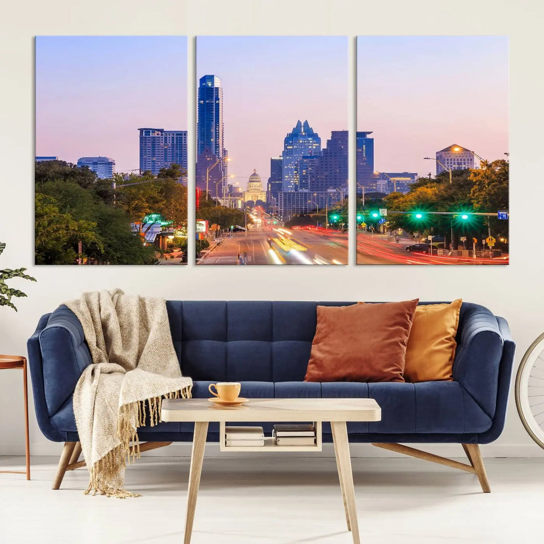 The Austin City Lights Sunset Purple Skyline Cityscape View Wall Art Canvas Print captures a breathtaking cityscape during sunset. This museum-quality, ready-to-hang multi-panel wall art includes a UV-protective coating to ensure longevity and vibrancy.