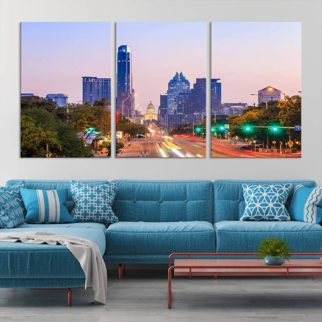 The Austin City Lights Sunset Purple Skyline Cityscape View Wall Art Canvas Print captures a breathtaking cityscape during sunset. This museum-quality, ready-to-hang multi-panel wall art includes a UV-protective coating to ensure longevity and vibrancy.