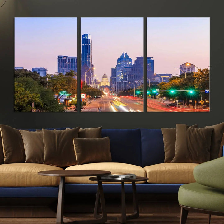 The Austin City Lights Sunset Purple Skyline Cityscape View Wall Art Canvas Print captures a breathtaking cityscape during sunset. This museum-quality, ready-to-hang multi-panel wall art includes a UV-protective coating to ensure longevity and vibrancy.