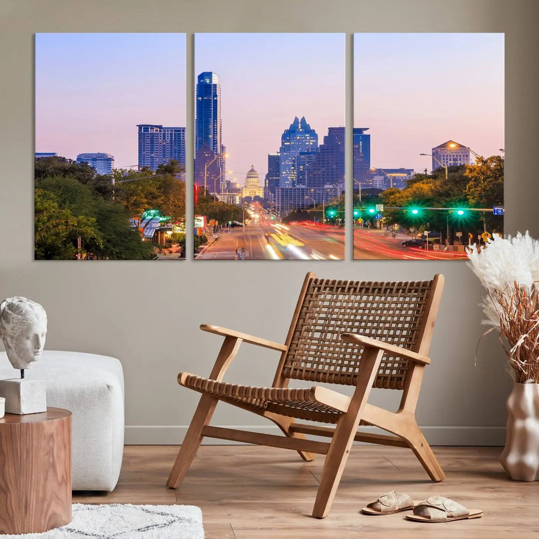 The Austin City Lights Sunset Purple Skyline Cityscape View Wall Art Canvas Print captures a breathtaking cityscape during sunset. This museum-quality, ready-to-hang multi-panel wall art includes a UV-protective coating to ensure longevity and vibrancy.