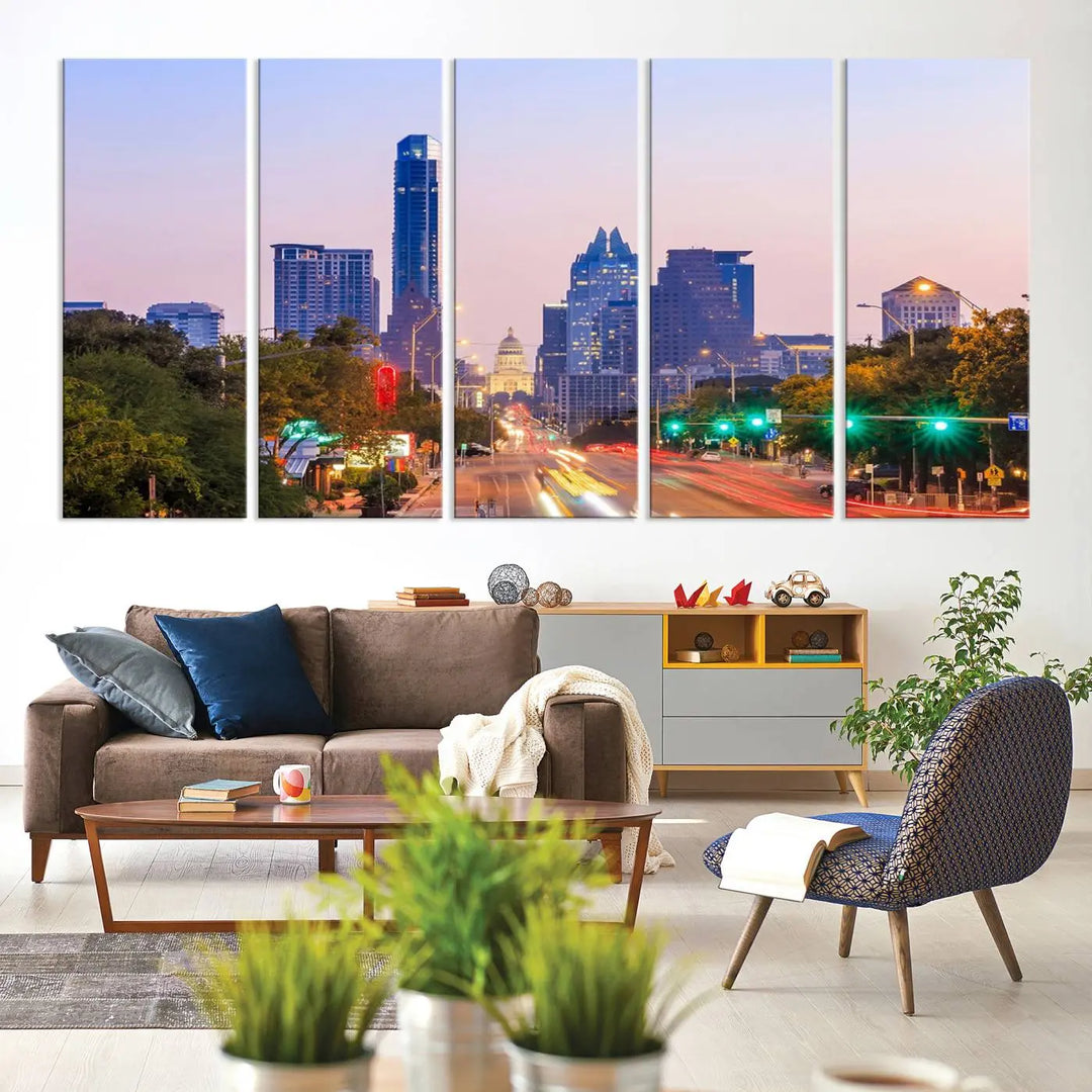 The Austin City Lights Sunset Purple Skyline Cityscape View Wall Art Canvas Print captures a breathtaking cityscape during sunset. This museum-quality, ready-to-hang multi-panel wall art includes a UV-protective coating to ensure longevity and vibrancy.