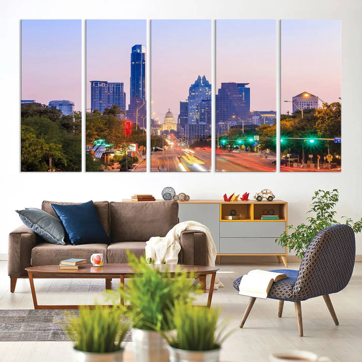 The Austin City Lights Sunset Purple Skyline Cityscape View Wall Art Canvas Print captures a breathtaking cityscape during sunset. This museum-quality, ready-to-hang multi-panel wall art includes a UV-protective coating to ensure longevity and vibrancy.