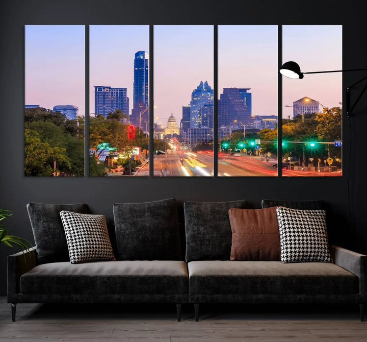 The Austin City Lights Sunset Purple Skyline Cityscape View Wall Art Canvas Print captures a breathtaking cityscape during sunset. This museum-quality, ready-to-hang multi-panel wall art includes a UV-protective coating to ensure longevity and vibrancy.