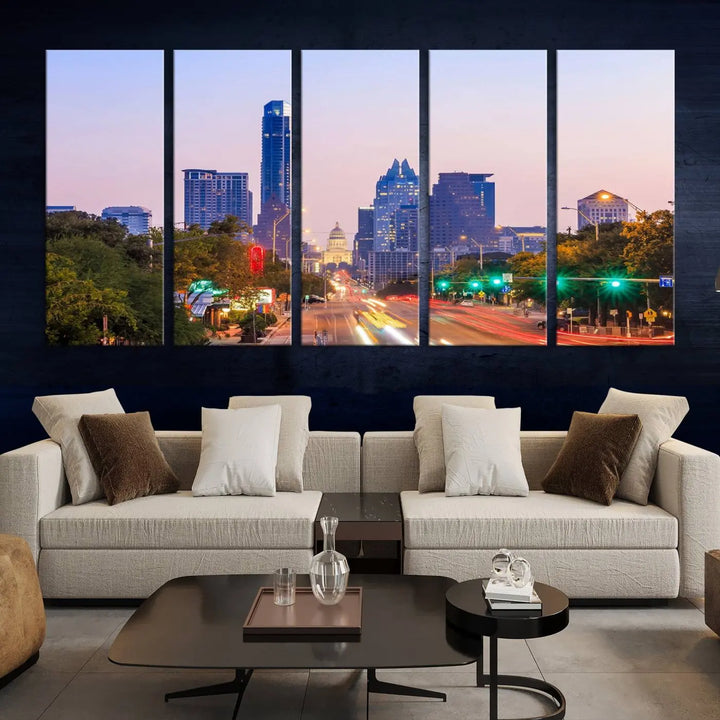 The Austin City Lights Sunset Purple Skyline Cityscape View Wall Art Canvas Print captures a breathtaking cityscape during sunset. This museum-quality, ready-to-hang multi-panel wall art includes a UV-protective coating to ensure longevity and vibrancy.