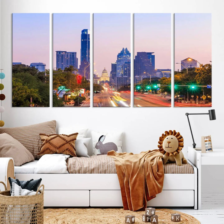 The Austin City Lights Sunset Purple Skyline Cityscape View Wall Art Canvas Print captures a breathtaking cityscape during sunset. This museum-quality, ready-to-hang multi-panel wall art includes a UV-protective coating to ensure longevity and vibrancy.