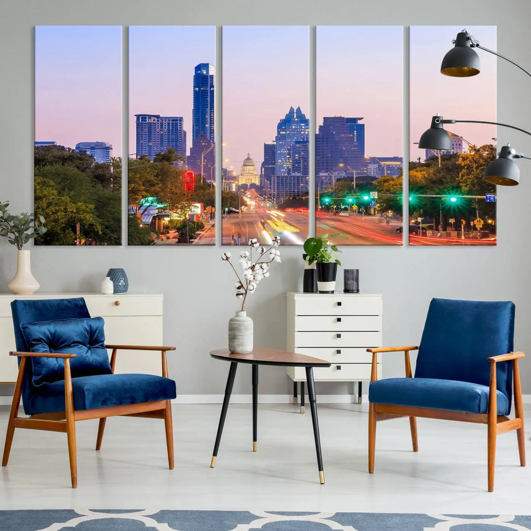 The Austin City Lights Sunset Purple Skyline Cityscape View Wall Art Canvas Print captures a breathtaking cityscape during sunset. This museum-quality, ready-to-hang multi-panel wall art includes a UV-protective coating to ensure longevity and vibrancy.