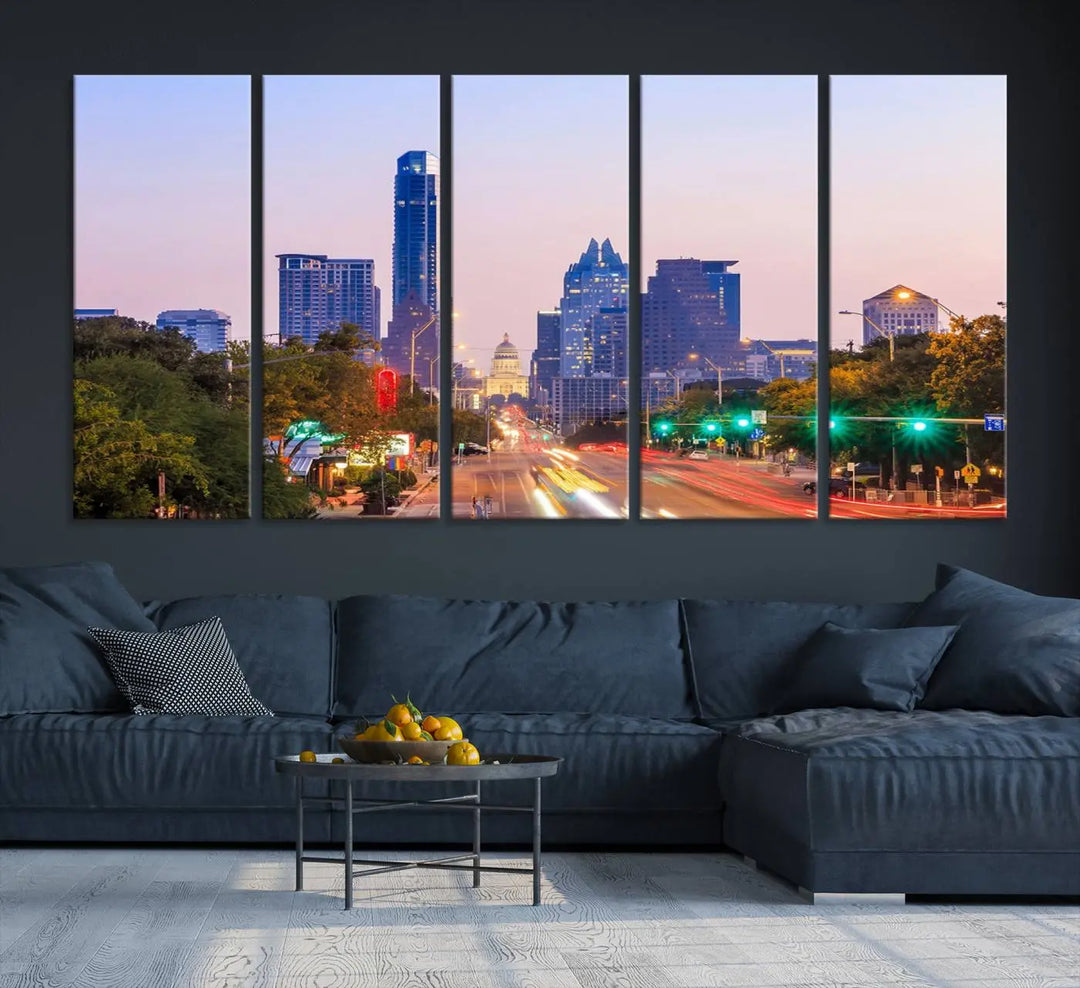 The Austin City Lights Sunset Purple Skyline Cityscape View Wall Art Canvas Print captures a breathtaking cityscape during sunset. This museum-quality, ready-to-hang multi-panel wall art includes a UV-protective coating to ensure longevity and vibrancy.