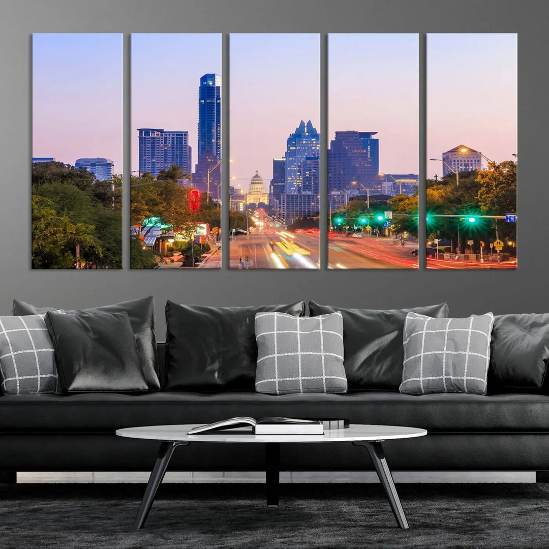 The Austin City Lights Sunset Purple Skyline Cityscape View Wall Art Canvas Print captures a breathtaking cityscape during sunset. This museum-quality, ready-to-hang multi-panel wall art includes a UV-protective coating to ensure longevity and vibrancy.