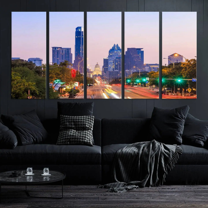 The Austin City Lights Sunset Purple Skyline Cityscape View Wall Art Canvas Print captures a breathtaking cityscape during sunset. This museum-quality, ready-to-hang multi-panel wall art includes a UV-protective coating to ensure longevity and vibrancy.