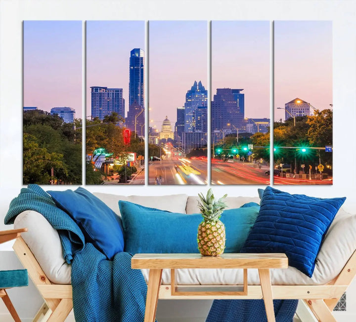 The Austin City Lights Sunset Purple Skyline Cityscape View Wall Art Canvas Print captures a breathtaking cityscape during sunset. This museum-quality, ready-to-hang multi-panel wall art includes a UV-protective coating to ensure longevity and vibrancy.