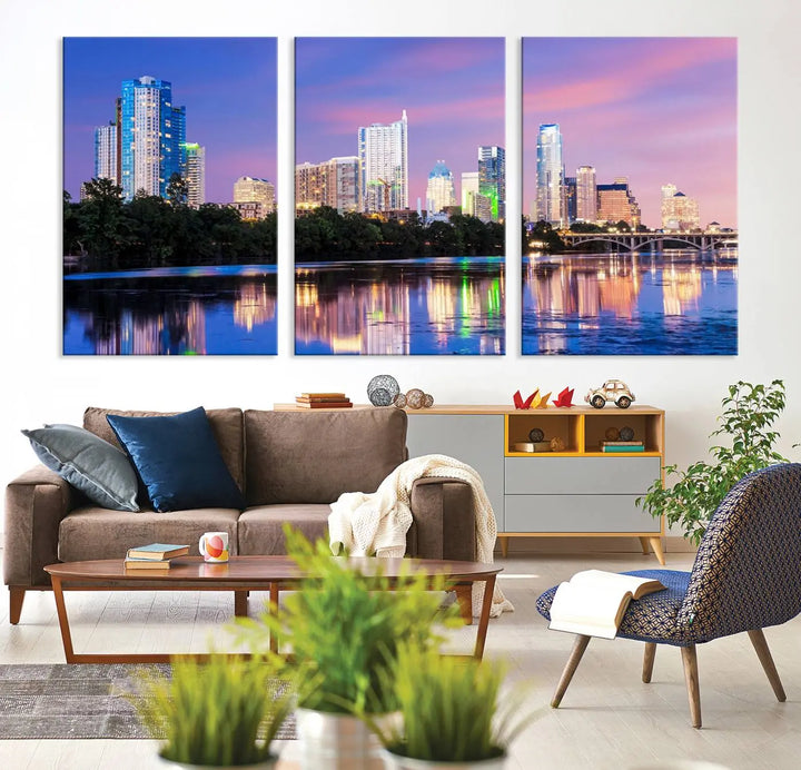 The "Austin City Lights Sunset Purple Skyline View Wall Art Canvas Print" adds artistic flair to the modern living room.