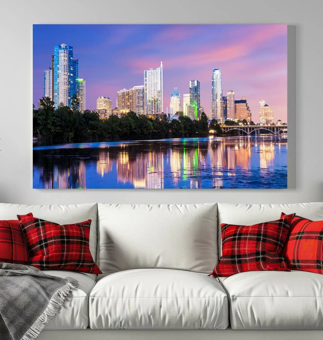 The "Austin City Lights Sunset Purple Skyline View Wall Art Canvas Print" adds artistic flair to the modern living room.