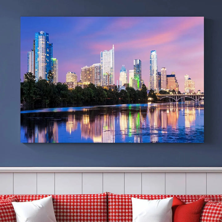 The "Austin City Lights Sunset Purple Skyline View Wall Art Canvas Print" adds artistic flair to the modern living room.