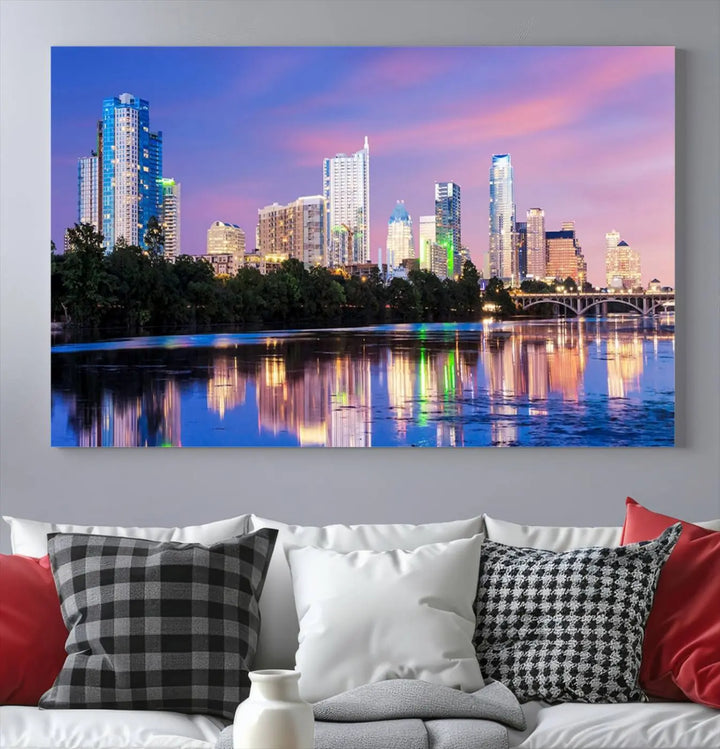 The "Austin City Lights Sunset Purple Skyline View Wall Art Canvas Print" adds artistic flair to the modern living room.